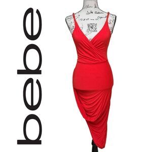 🧡 BEBE Twist Skirt Asymmetrical Hem Grecian Goddess Orange Dress Size XXS/TTP